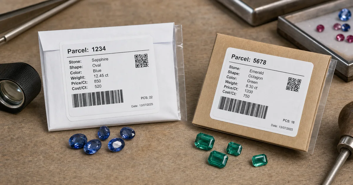Printed gemstone parcel labels with barcode and QR references on parcel packets
